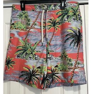 Hurley Mens 2XL Tropical Palm Tree Board Shorts Coral‎ Blue Swim Trunks EUC